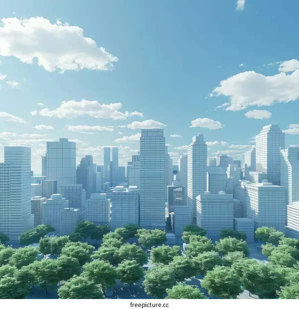 3D Rendering of a Modern City with Towering Skyscrapers and Lush Green Trees