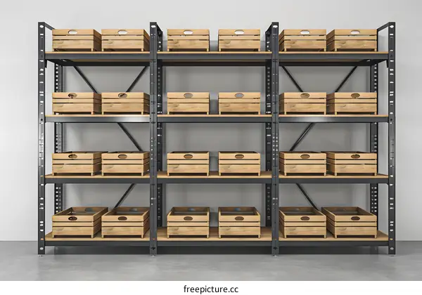 Wooden Crates on Metal Shelving Unit