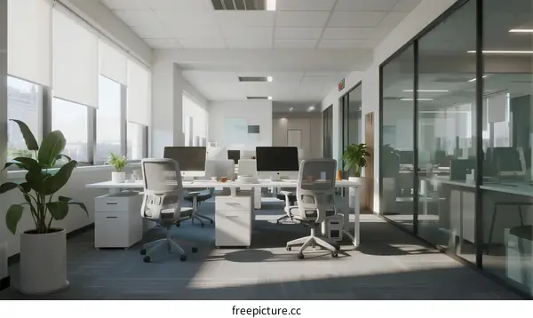 Modern Open-Plan Office Space with Ergonomic Desks and Natural Lighting
