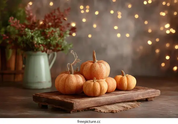 Autumn Harvest Display with Pumpkins and Vase