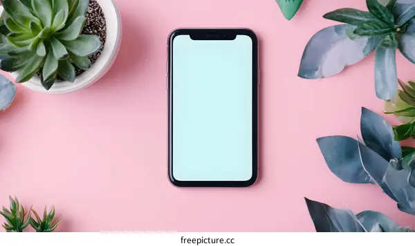 Blank Smartphone Screen Surrounded by Green Plants on Pink Background