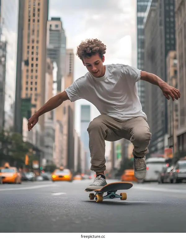 Young Man Skateboarding on the City Street