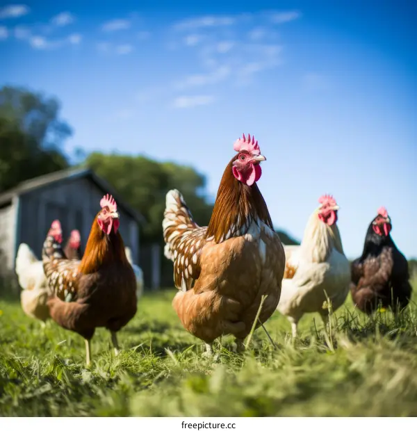 A group of free range chickens on a grassy field
