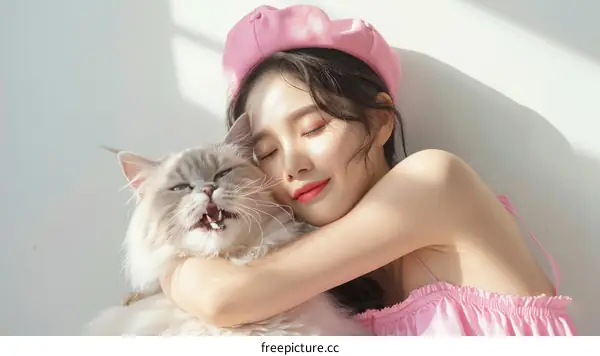 A woman in a pink beret is hugging a cat