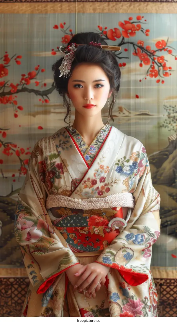 Portrait of a young Japanese woman in traditional kimono