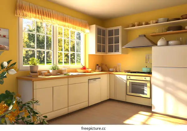 Modern Kitchen Interior Design With Yellow Walls And Wooden Cabinets