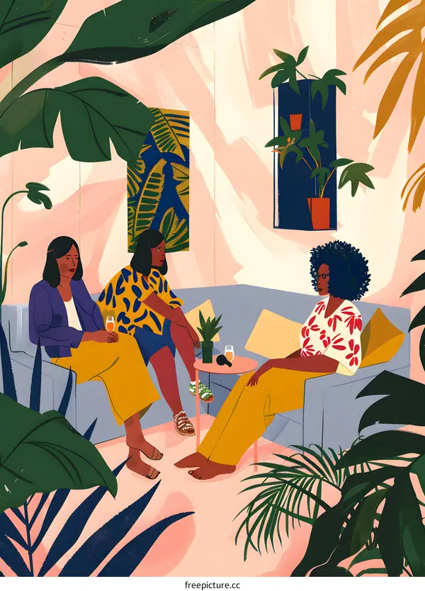Three Women Friends Chatting in a Tropical Room