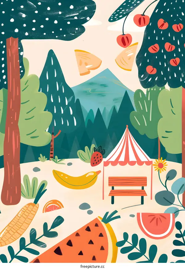 Colorful Illustration of Fruits and Vegetables in a Forest