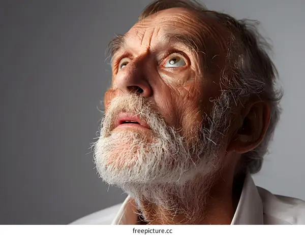 An old man with a long white beard is looking up at something.