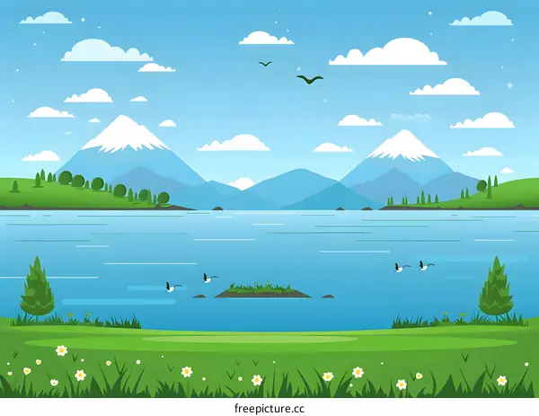 Beautiful Mountain Lake Landscape with Green Grass and Blue Sky