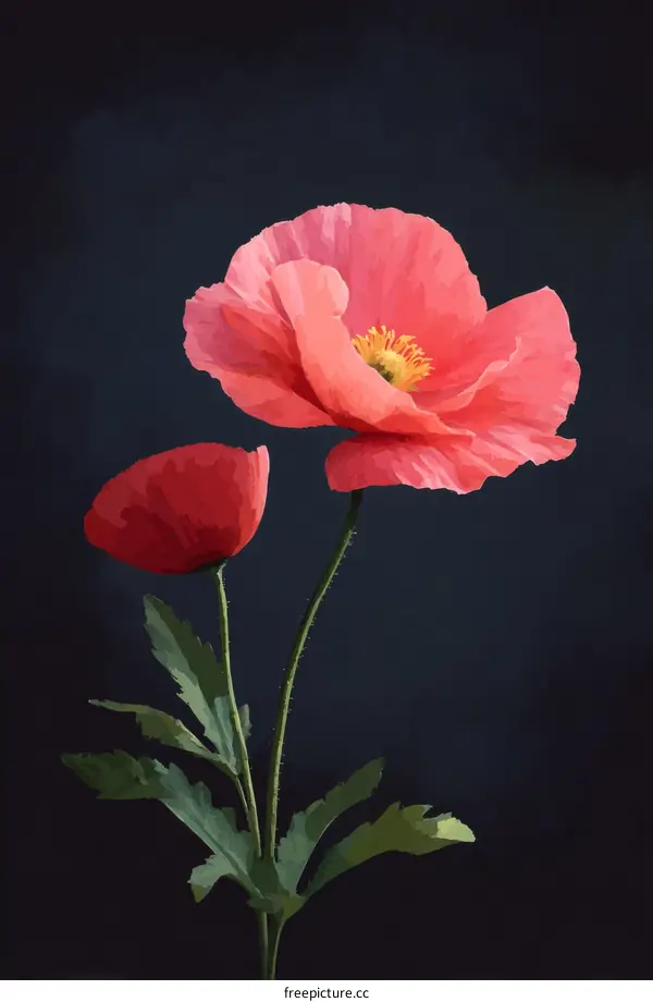 Two Beautiful Pink and Red Poppies on Dark Background
