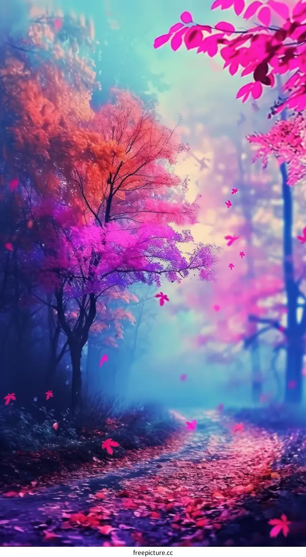 Fantasy landscape with pink trees and blue sky