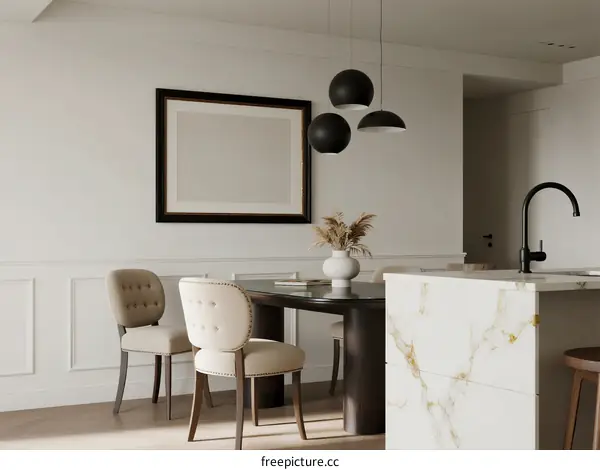 Modern Dining Room with Marble Countertop and Pendant Lights