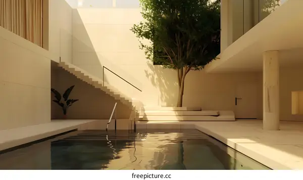 Minimalist Modern Pool and Staircase in Beige Tones