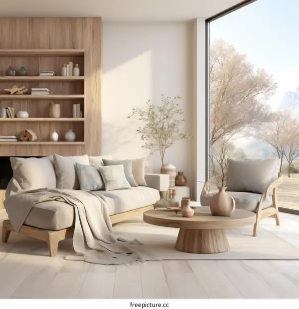 Modern living room interior with large windows and wooden furniture