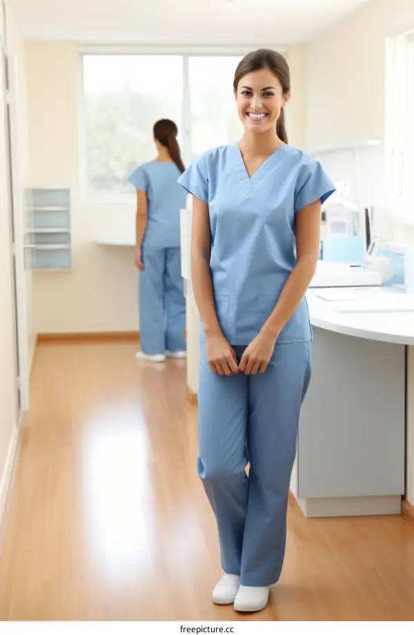 Two female nurses in blue uniform standing in hospital hallway