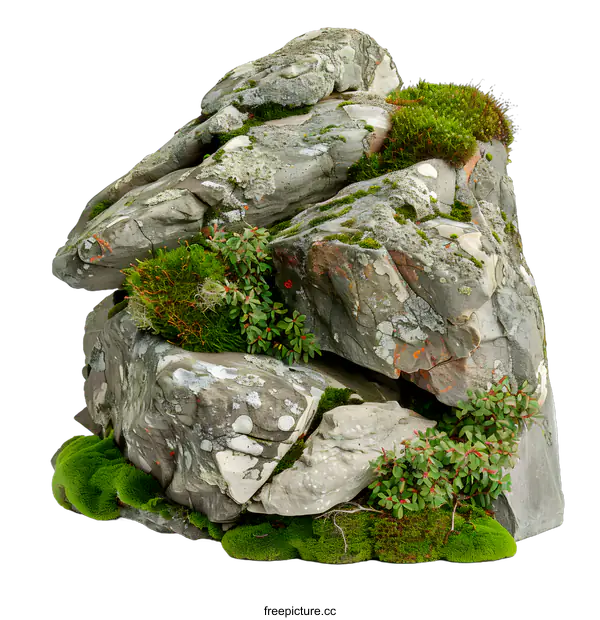 [Transparent Background PNG]Green Moss Covered Rock Isolated on White Background
