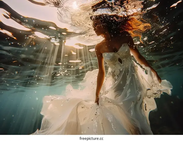 An underwater photo of a woman wearing a white dress