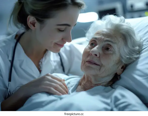 A Young Female Doctor Comforts an Elderly Female Patient