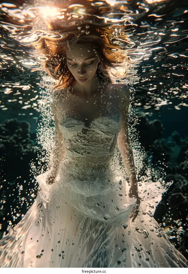 An ethereal photo of a woman wearing a white dress and floating underwater