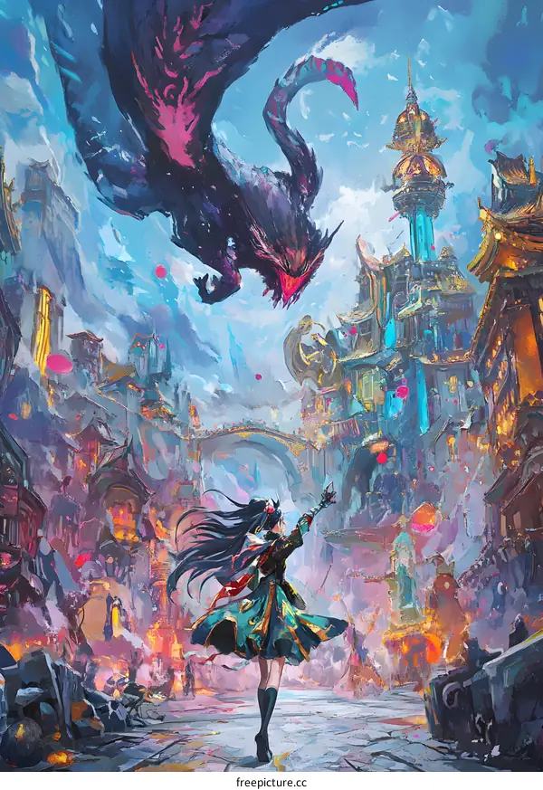 Fantasy Cityscape with Dragon and Girl Warrior