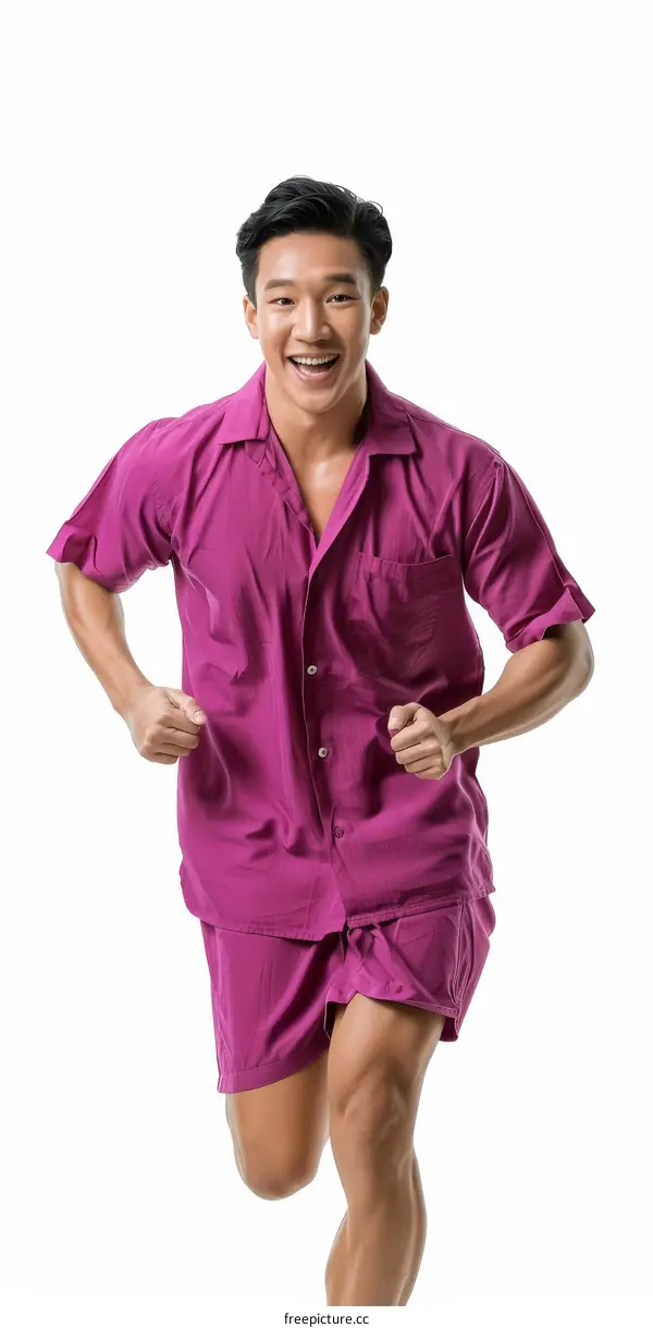 Asian man in pink shirt and shorts running
