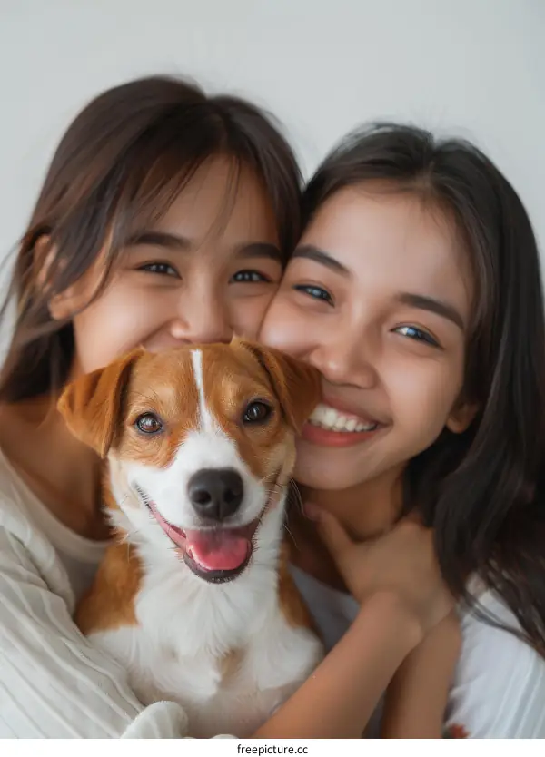 Two young Asian women with a small dog