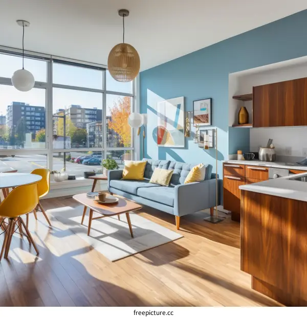 Blue and wood grain living room interior design