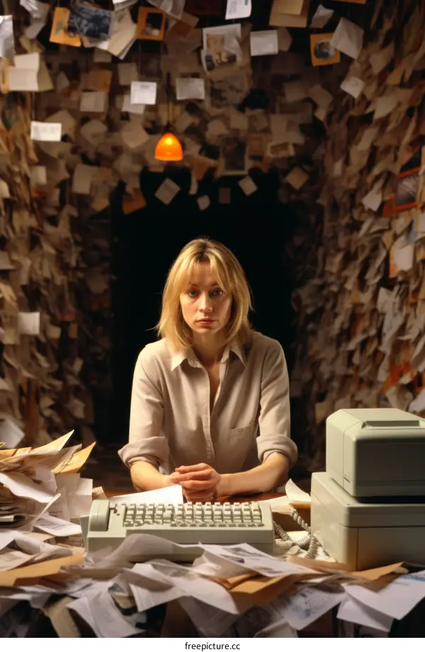 A blonde woman sits at a computer in a room covered in paper.