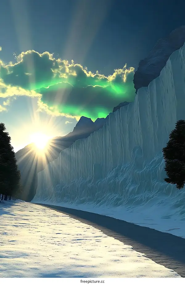 Winter Landscape with Ice Wall and Green Cloud