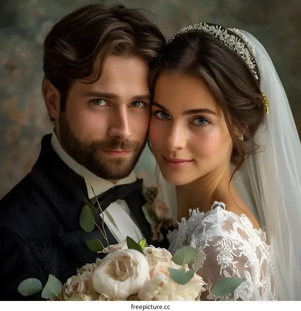 A newlywed couple in wedding dresses and suits,捧着鲜花, taking pictures at the wedding