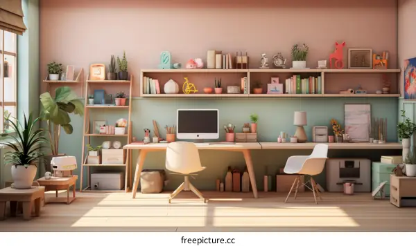 A home office with a large desk, a computer, and lots of plants