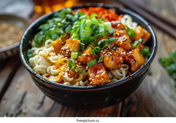 A bowl of Korean spicy chicken noodles with chopsticks on a wooden table