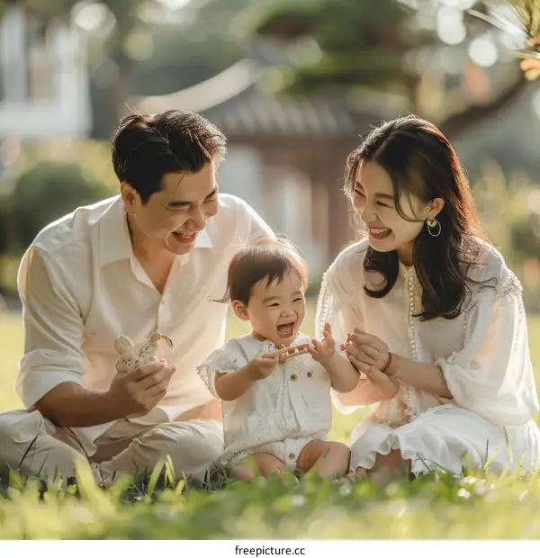 Happy family of three playing in the park