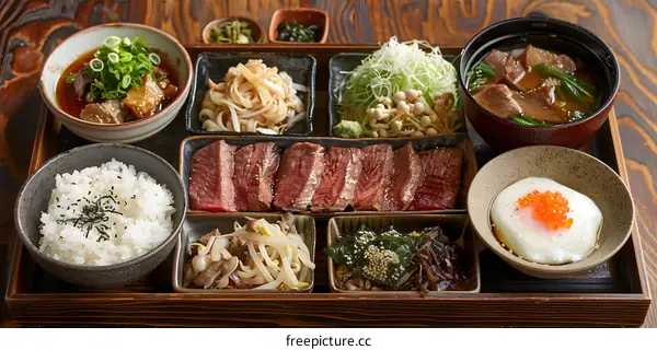 Japanese Food Set with Beef, Rice, Egg, and Various Sides