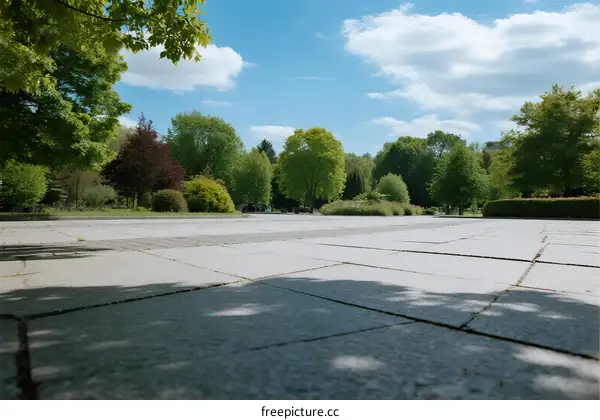 A peaceful outdoor scene with trees and paved ground