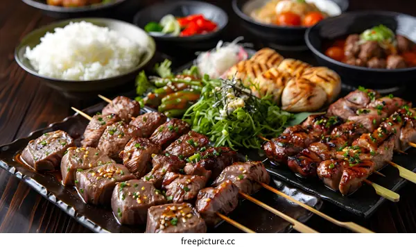 Japanese Cuisine, Delicious Grilled Beef Yakitori Skewers with Rice