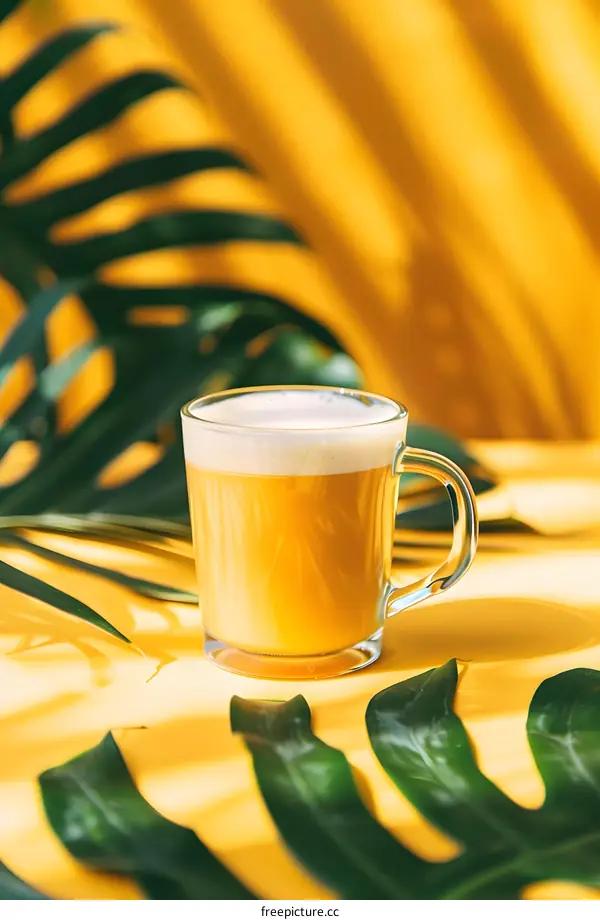 Golden Latte with Green Leaves on Yellow Background