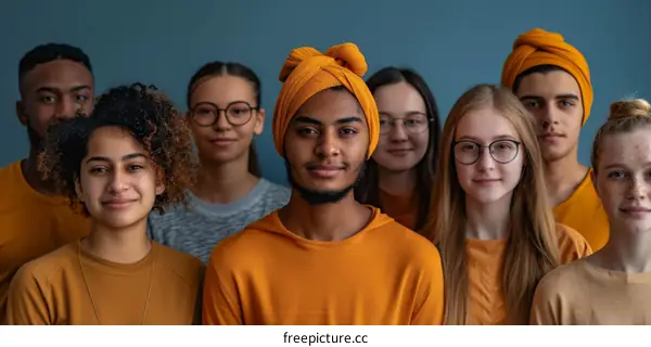 A group of diverse young people wearing orange shirts and headwraps.
