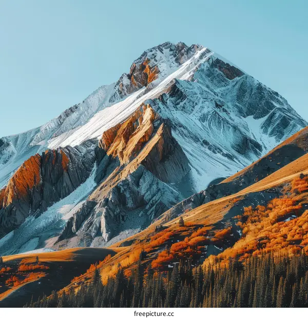 The rugged mountain peak is partially covered in snow and surrounded by colorful trees