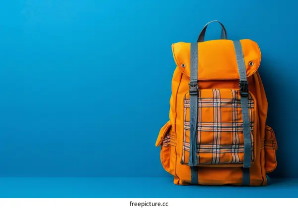 An orange backpack against a blue background