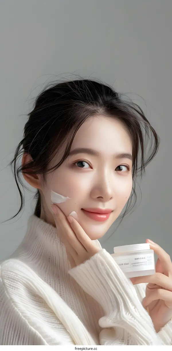 Woman applying moisturizer to her face