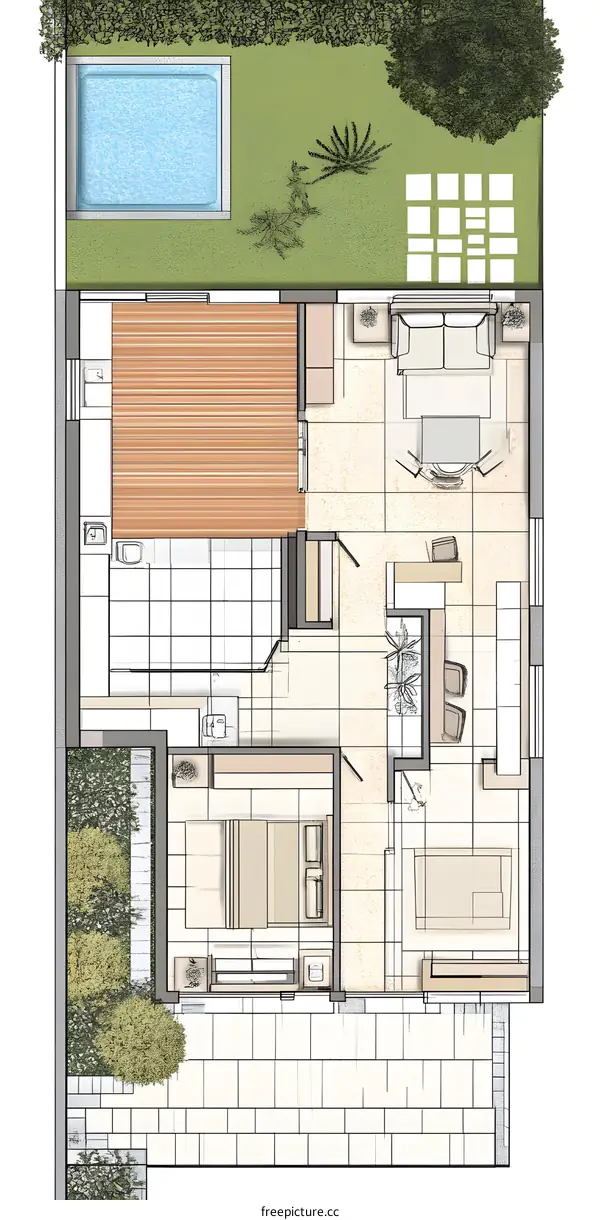 Top View House Plan with Swimming Pool and Garden