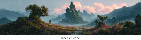 Fantasy Mountain Landscape with a Lone Figure