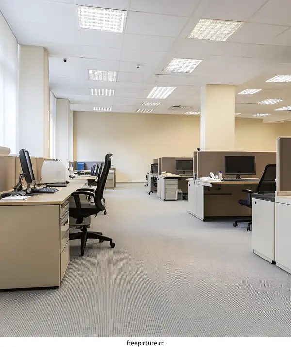 Empty Modern Office Workspace with Rows of Desks and Chairs