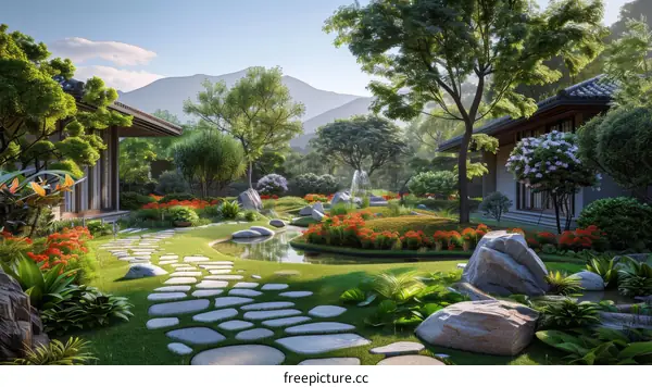 Courtyard with a pond, trees, and a stone path