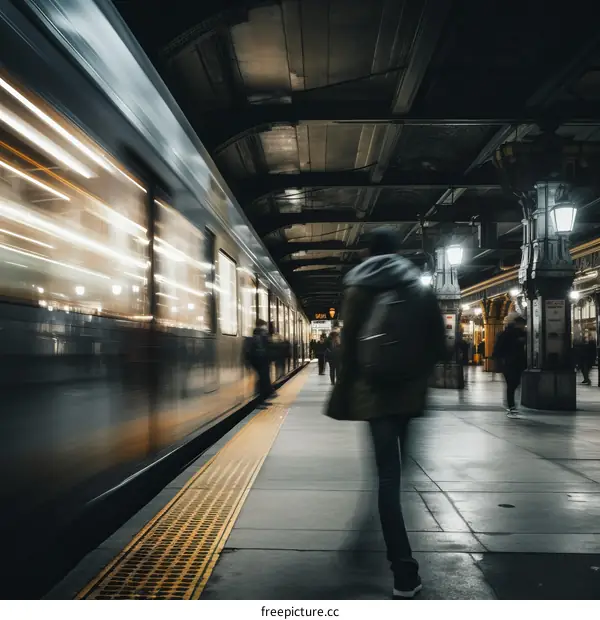 Motion blur of a train arriving at a station with people waiting on the platform