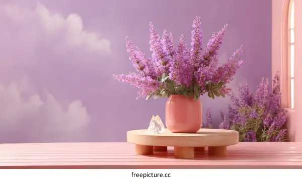 Pastel Purple Lavender Arrangement on a Wooden Platform