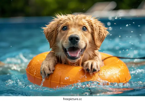 Golden Retriever puppy playing in a pool