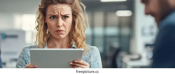 Businesswoman Looking Confused While Using Tablet In Office